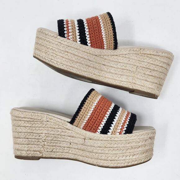 Marc Fisher Slide Sandals Women 8.5M Lannia Platform Black Rust Crochet Jute - Picture 8 of 11